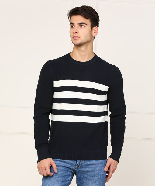 Nautica Striped Round Neck Casual Men\u0027s White, Dark Blue Sweater